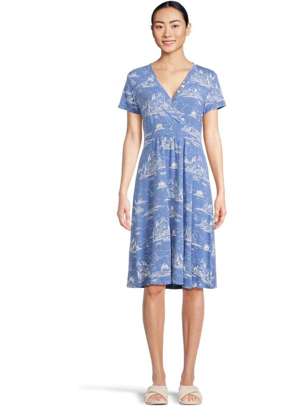 L.L.Bean Summer Knit Dress Blue Coastal Village Print Faux Wrap Dress XL Petite